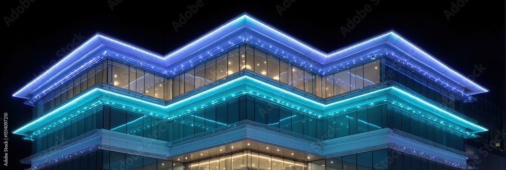Poster multi color light radiating modern building facade glass. contemporary architecture evening illumina