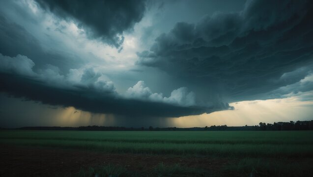 Dramatic storm clouds over a green field with sunlight breaking through, creating a moody and atmospheric scene