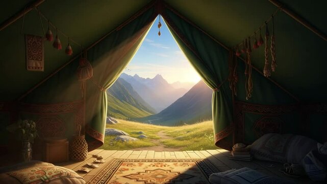 Peaceful morning mountain view from inside tent with cozy bedding and tribal decorations Tranquil camping retreat.