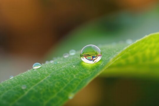 Close-up of a water droplet on a green leaf with natural reflections and blurred background