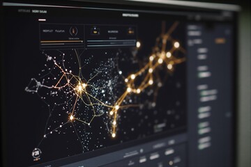 A city map displayed on a screen with colored markers showing points of interest. Smart city management dashboard for urban planning.