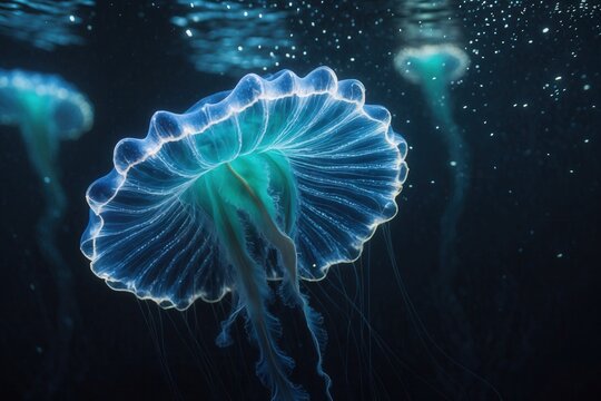 Glowing jellyfish swimming underwater in a dark ocean with bioluminescent light effects