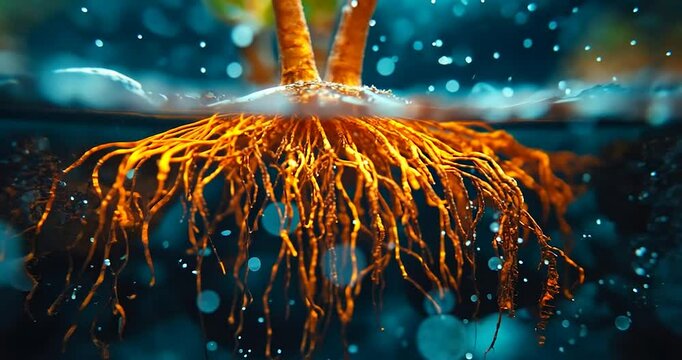 A close-up of plant roots in water. The roots are golden-orange in color and the background is blurred blue. The image is lit by a bright central light, with a soft focus. Bubbles add to the