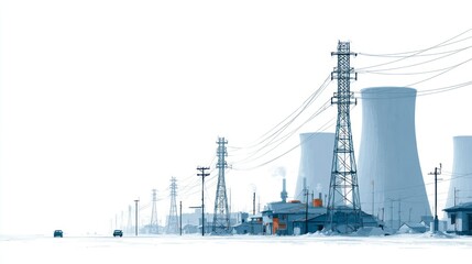 Industrial Landscape with Cooling Towers and Power Lines in a Snowy Environment