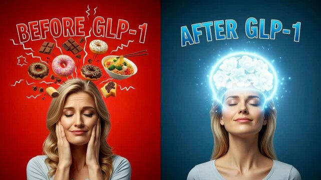 Left side shows stress, donuts and lightning above head; right side shows glowing brain and peace under After GLP-1 text