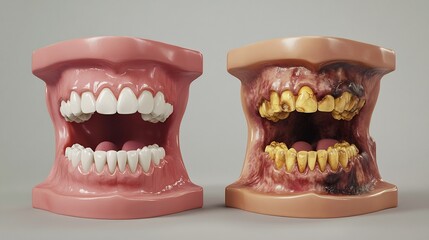 Visual comparison of two mouths one with pearly white teeth and the other with yellow stained decayed teeth from smoking medical realism side by side split frame