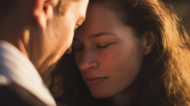 Young woman looks into the eyes of her partner with a soft smile, bathed in golden-hour sunlight, expressing affection and emotional intimacy