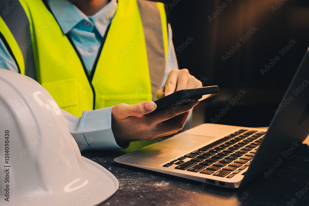 Aufkleber engineer concept. construction worker using mobile device for project management in office setting d