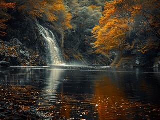 Fototapeta premium A serene waterfall cascading into a dark lake surrounded by autumn foliage