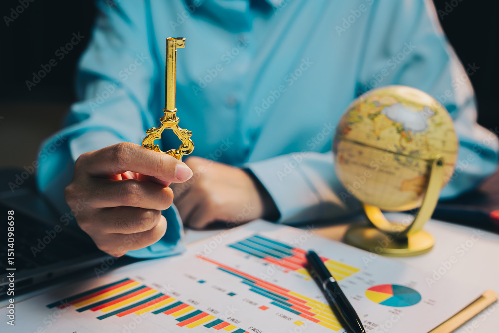 Poster success key concept. golden key symbolizing unlocking opportunities with business charts and globe o