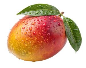 Close up of a fresh mango with water droplets and green leaves against a black background