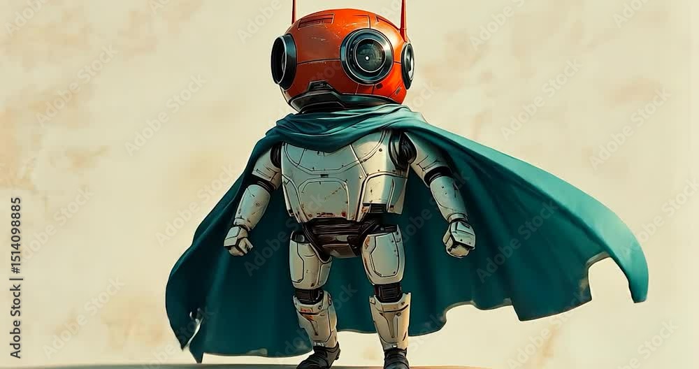 Poster a robot wearing a cape with a teal cloth draped around its shoulders and a red head with a red headg