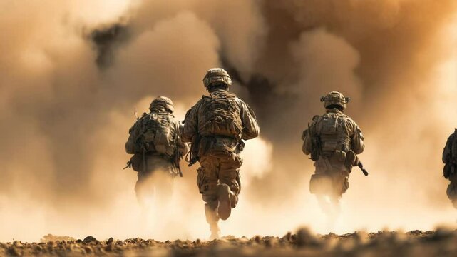 Soldiers running in a battlefield
