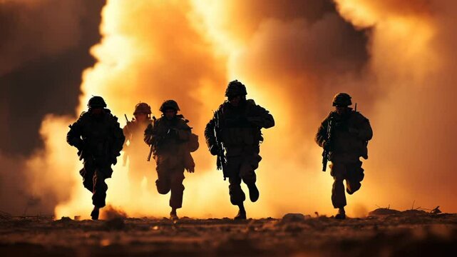 Soldiers running in a battlefield