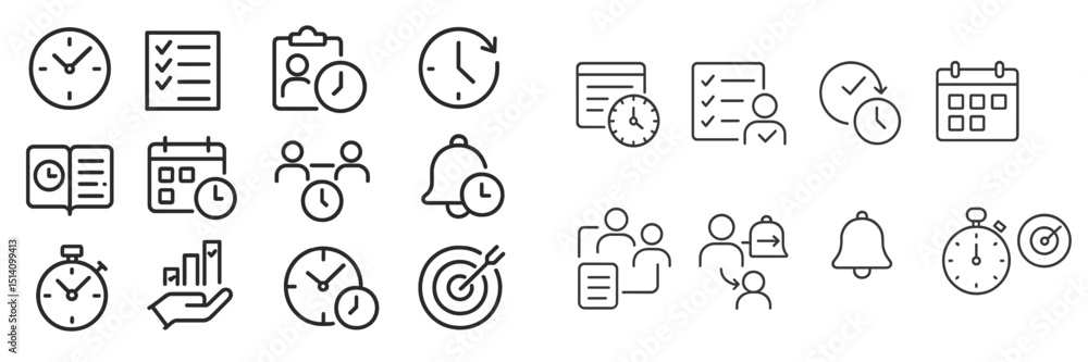 Poster time management icons illustrating productivity, organization, and scheduling concepts in a clear an