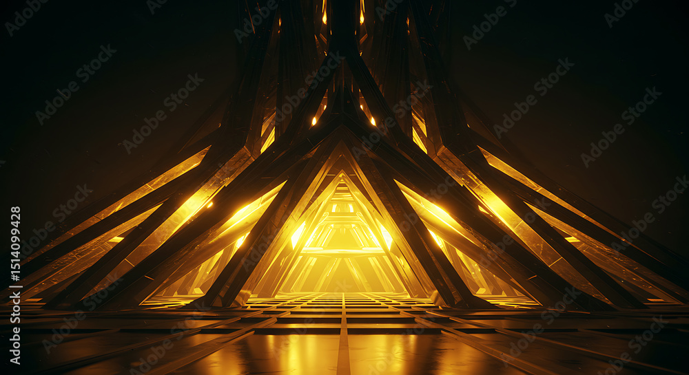 Poster a futuristic, abstract architectural structure is illuminated with golden light, creating a dramatic