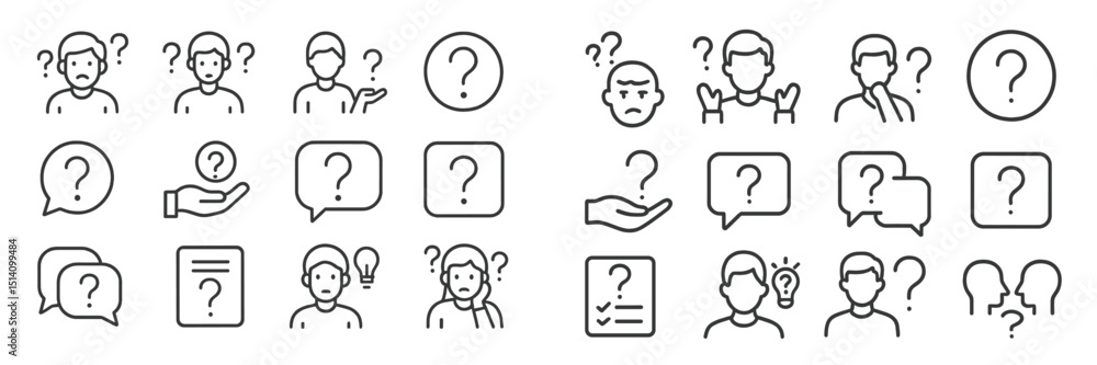 Poster collection of simple line illustrations depicting various expressions and concepts of confusion and 