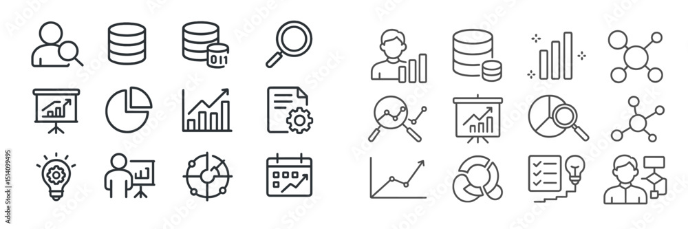 Poster data analysis icons showcasing various aspects of statistics and information visualization in a clea