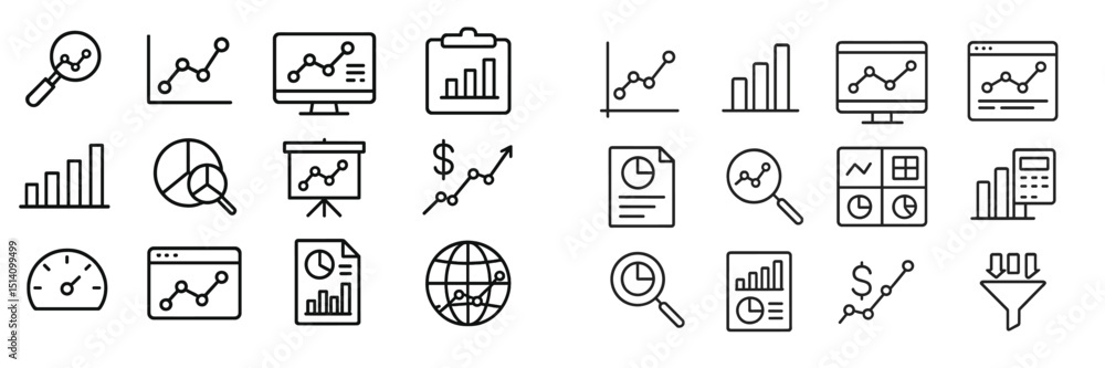 Poster icons depicting various analytics and data visualization tools commonly used in business and technol