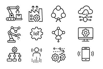 Exploring concepts of automation, connectivity, and technology in industry and daily life through simple line icons