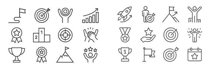 Icons representing achievement, goals, and success in various activities and sports, perfect for motivation and teamwork themes