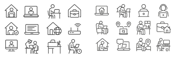 Illustration of remote work icons representing home office activities and digital communication in modern workplace settings
