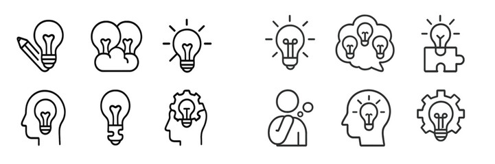 Creative icons representing ideas and innovation in various forms, including light bulbs and head silhouettes filled with imagination