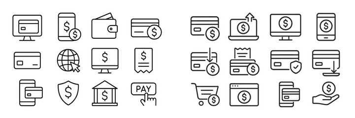 Icons representing various digital payment methods and financial transactions on a light background for online commerce