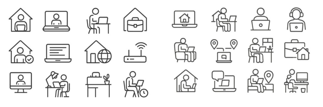 Illustration of remote work icons representing home office activities and digital communication in modern workplace settings