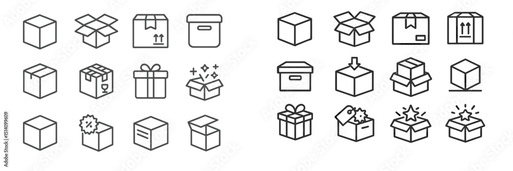 Poster collection of various box icons in a minimalistic style for packaging and shipment illustrations