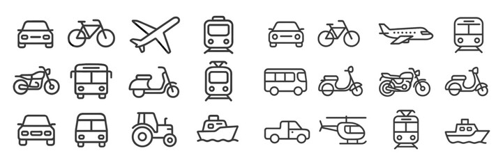 Various modes of transportation illustrated in simple line art, showcasing cars, bicycles, and more in a clean layout