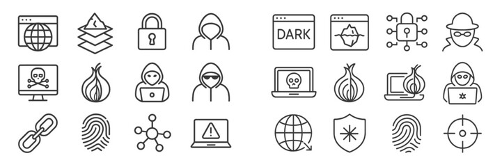 Collection of digital security and cyber threat icons representing modern technology risks and hacking defense mechanisms