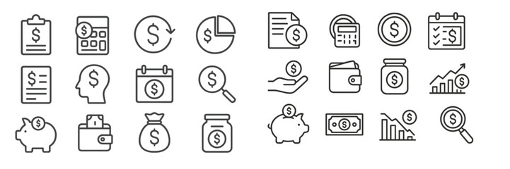 Collection of financial icons representing budgeting, savings, and investment strategies for effective money management