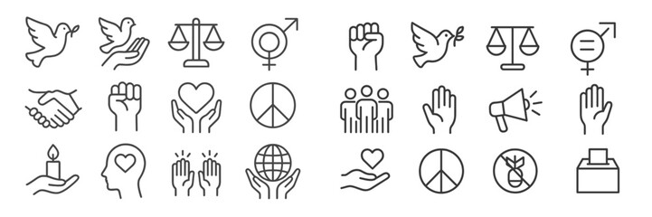 Diverse symbols of peace, justice, and equality showcased through minimalistic line art in a creative arrangement