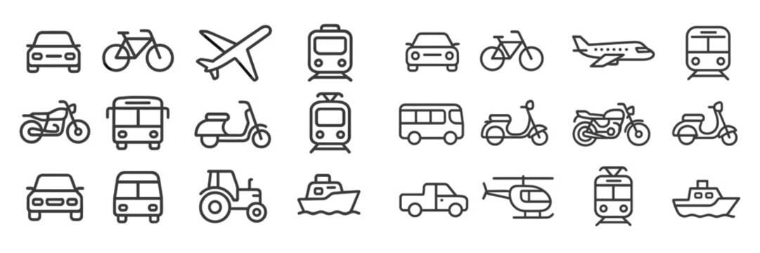 Various modes of transportation illustrated in simple line art, showcasing cars, bicycles, and more in a clean layout