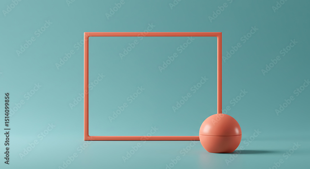 Poster a minimalist composition featuring a geometric orange frame and sphere against a serene teal backdro