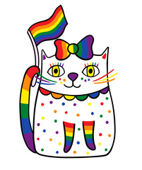 Cute hand drawn vector cat with LGBT pride flag, rainbow colors hand drawn doodle kitty, cartoon animal illustration design