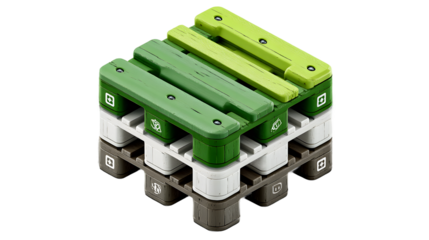 Stacked green and white plastic pallets ecofriendly design 3d render