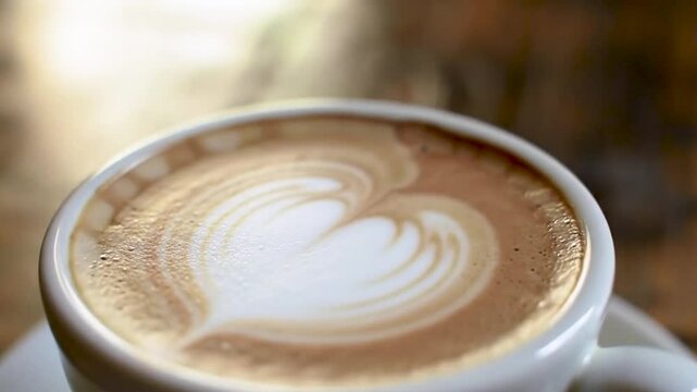 Latte Art Heart: A close-up shot captures a latte with a beautifully crafted heart design. Evoking feelings of comfort and warmth, this image showcases the simple beauty of a perfect cup of coffee.