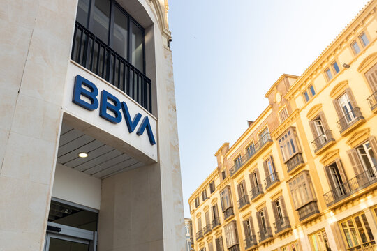 BBVA logo of the Spanish bank. Close up. Malaga. 29.05.2025 Spain.