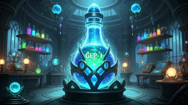 Glowing magical potion bottle labeled GLP-1 in center of fantasy alchemy lab with shelves of colorful elixirs and mysterious artifacts