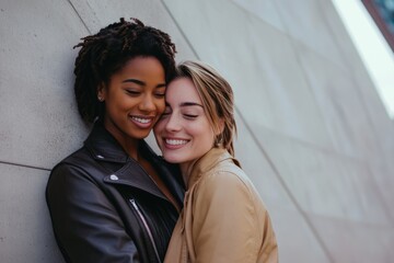 Diverse lesbian love.Interracial queer women.Multiracial lesbian couple.A multiracial lesbian couple posing in front of a modern art museum, stylish outfits, urban backdrop, candid smiles