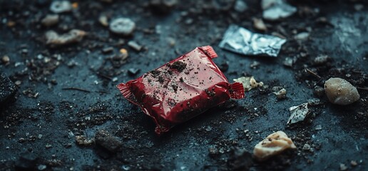 Fototapeta premium Abandoned red candy wrapper amidst debris highlighting urban decay and litter