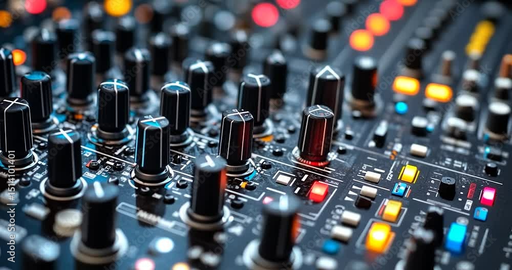 Aufkleber close-up of a professional audio mixing console with hand. the device is black with knobs and button