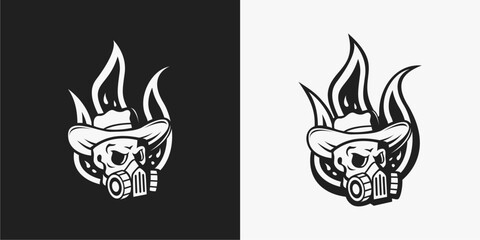 Skull head silhouette logo with hat on fire background