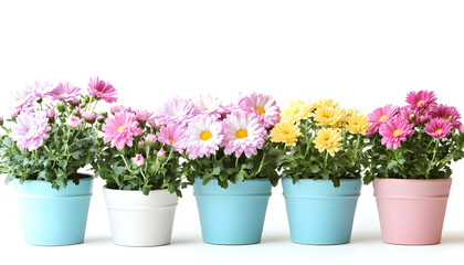 Naklejka premium Pots with beautiful colorful chrysanthemum flowers on white background