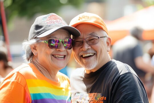 Senior lgbtq.LGBTQ seniors.Queer elders.Older lgbtq+.An LGBTQ senior couple volunteering together at a community event, helping others with big smiles on their faces