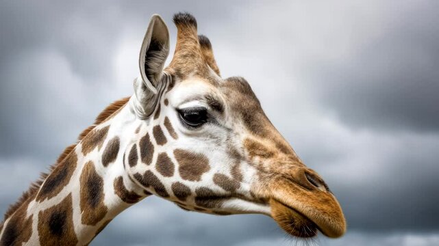 Detailed view of giraffe&rsquo;s patterned neck and gentle face as it looks slightly downward against a moody grey sky