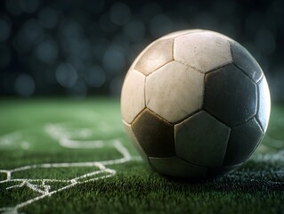 Fototapeta premium Soccer ball spinning in side profile shot with hyper-realistic details, capturing the essence of athleticism