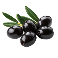 A close-up view of a group of black olives with green leaves on branch. It shows a simple composition that highlighting their rich color and detail
